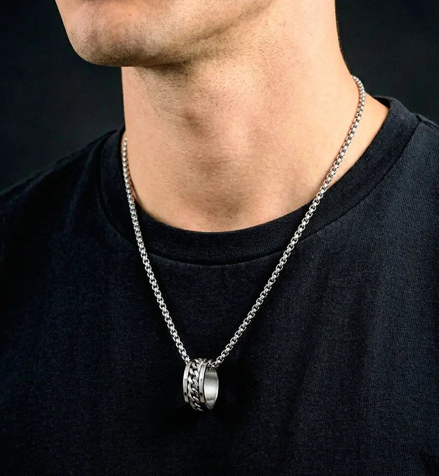 2-in-1 Rotating Ring Pendant Silver Chain for Men