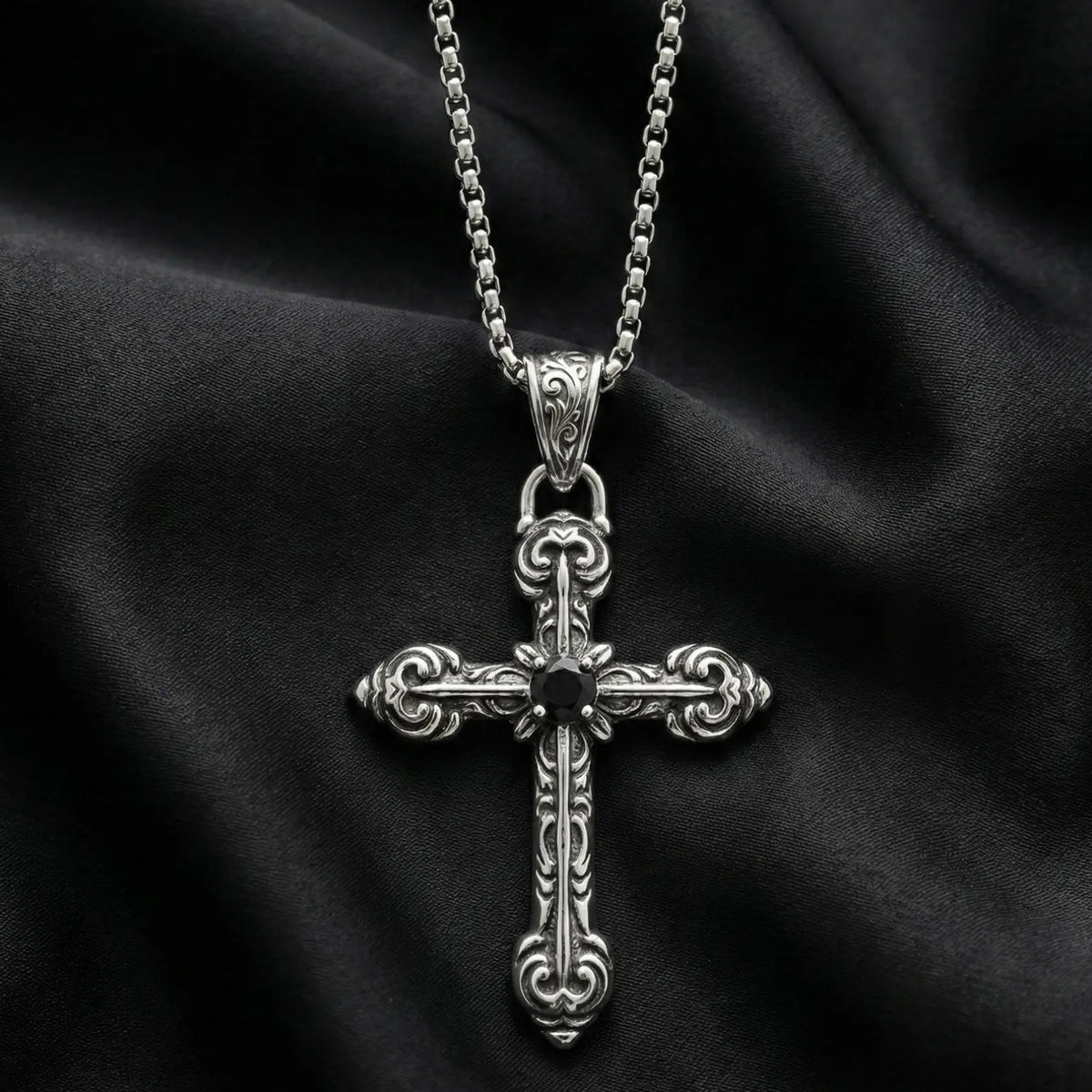 Premium Silver Cross Pendant with Black Stone