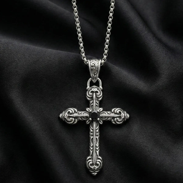 Premium Silver Cross Pendant with Black Stone