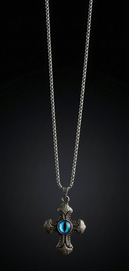 Premium Silver Cross Pendant with Blue Evil Eye Stone