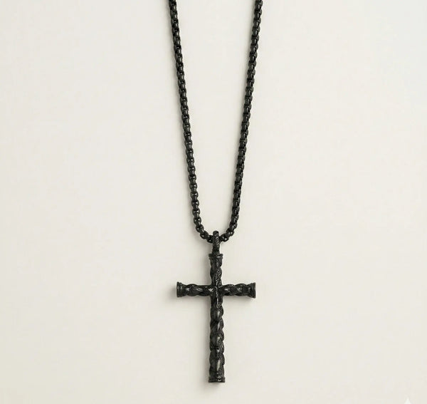 Matte Black Braided Cross Pendant for Men