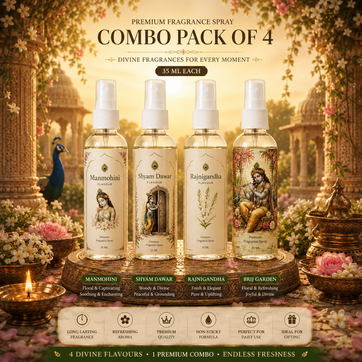 Vrindavan Fragrance Spray Combo Pack of 4 Flavours (35 ML Each) Manmohini • Shyam Dawar • Rajnigandha • Brij Garden