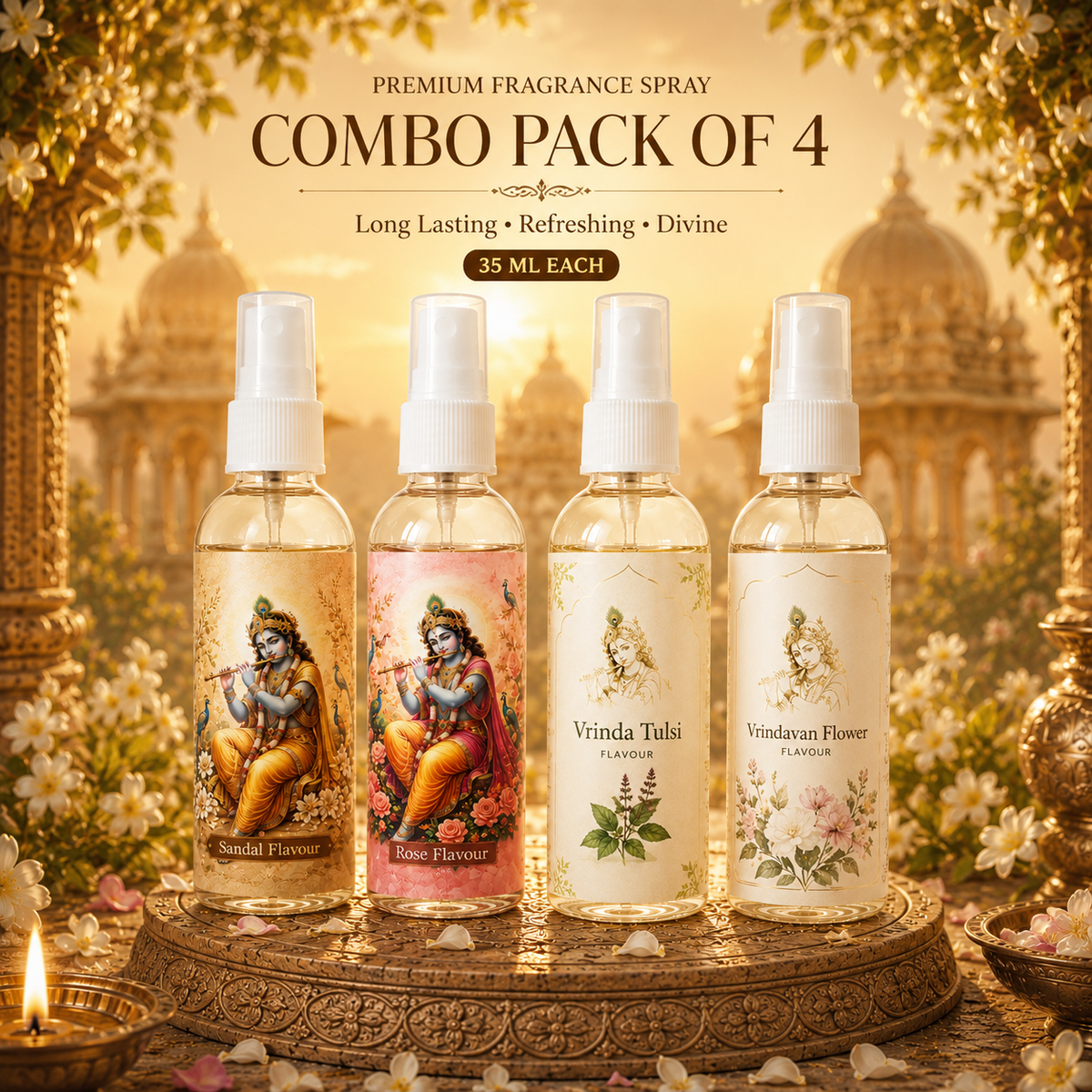Vrindavan Fragrance Spray Combo Pack of 4 Flavours (35 ML Each) Sandal • Rose • Vrinda Tulsi • Vrindavan Flower