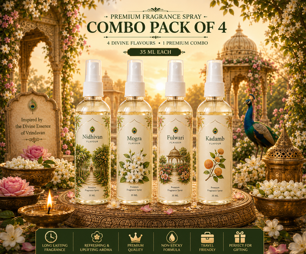 Vrindavan Fragrance Spray Combo Pack of 4 Divine Flavours (35 ML Each) Nidhivan• Mogra • Fulwari • Kadamb