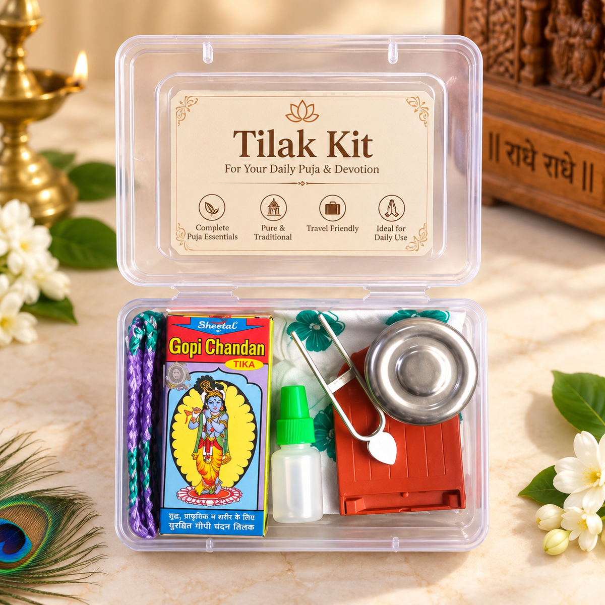 Kishori Tilak Kit in a clear travel case with Gopi Chandan, pooja bowl and applicator