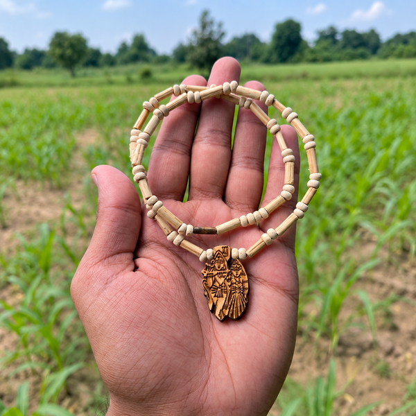 Pure Tulsi mala with carved Radha Krishna wooden pendant, 9 inch