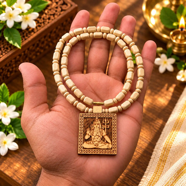 Tulsi kanthi mala with Lord Shiva pendant, 10 inch