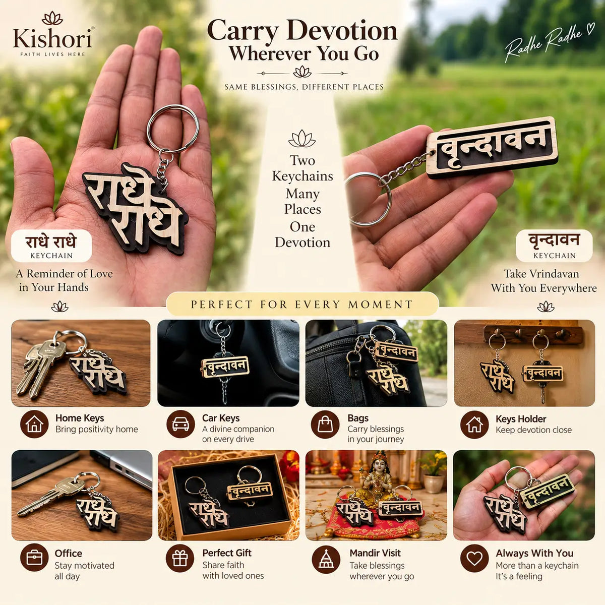 Close-up of premium wood finish on Kishori devotional keychains