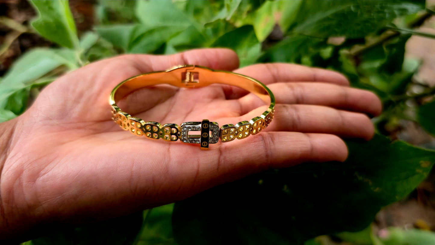 Elegant Gold-Plated Kada Bracelet with Stone Detailing