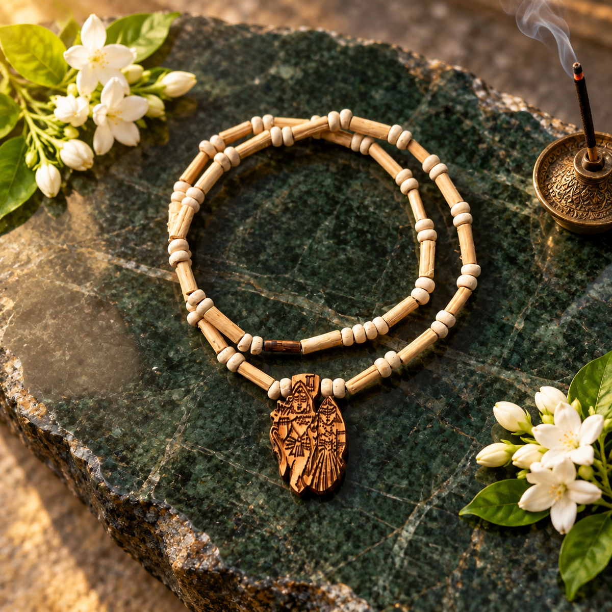 Close-up of detailed Radha Krishna carved pendant on Tulsi beads