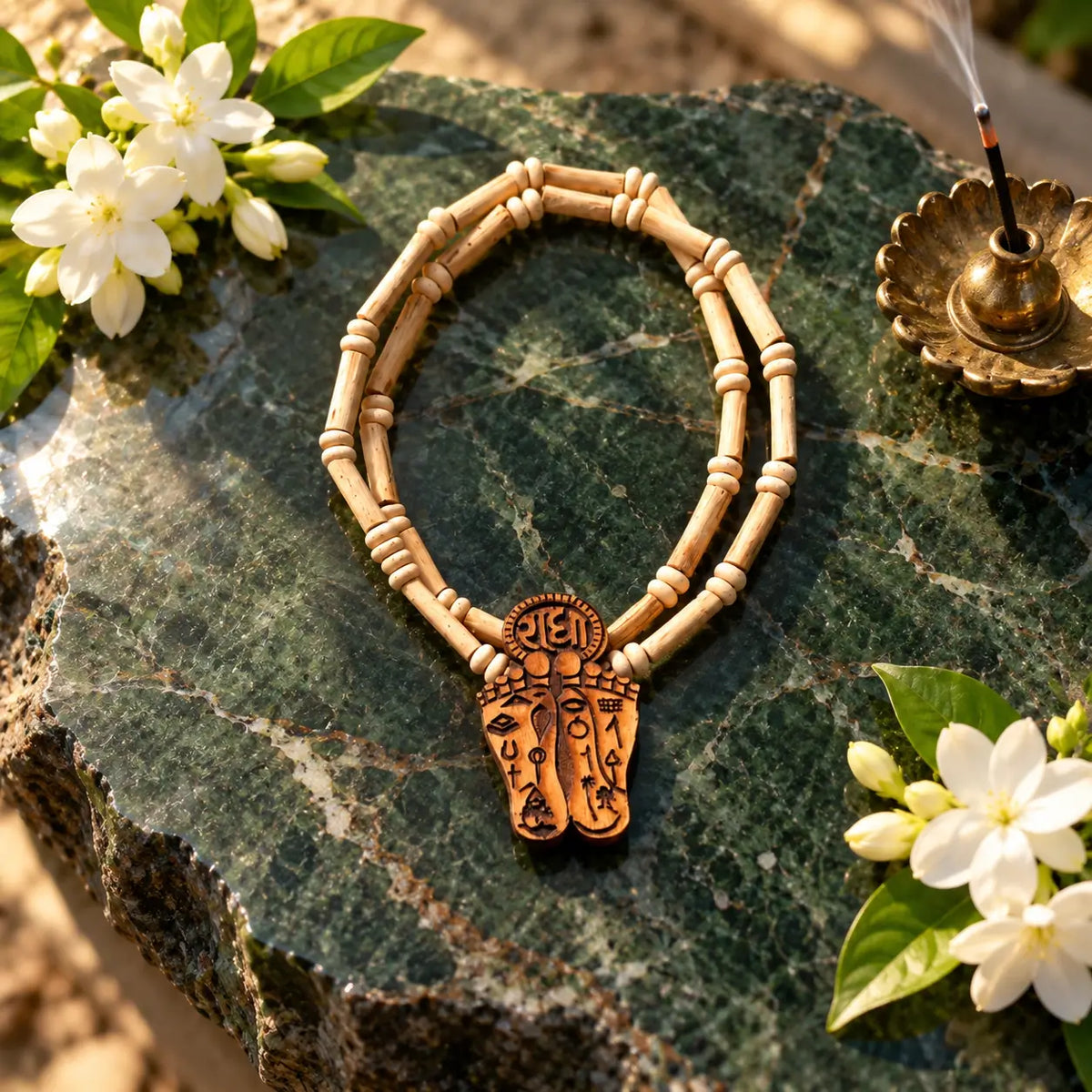 Close-up of Radha Charan pendant on Vrindavan Tulsi beads