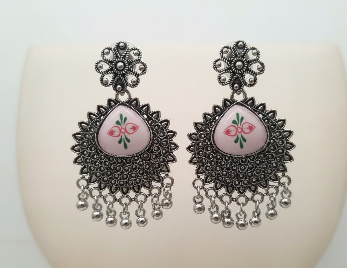 Pink Meenakari Oxidized Silver-Look Floral Earrings