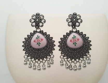 Pink Meenakari Oxidized Silver-Look Floral Earrings