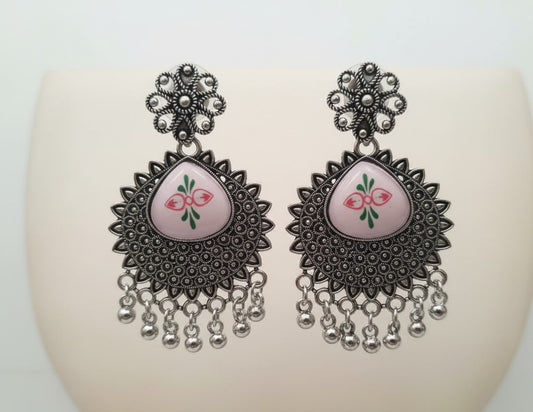 Pink Meenakari Oxidized Silver-Look Floral Earrings