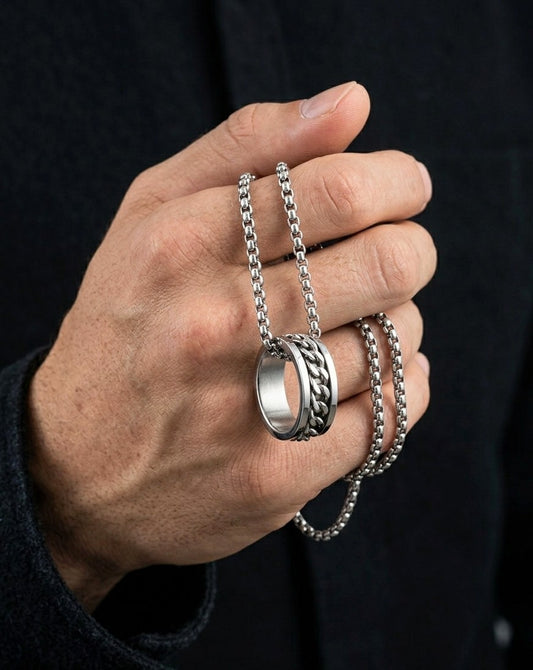 2-in-1 Rotating Ring Pendant Silver Chain for Men | Wearable Finger Ring Necklace |