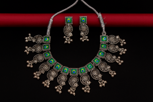 Silver Necklace Set with Mor Pankh Design