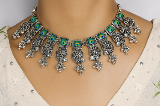 Silver Necklace Set with Mor Pankh Design