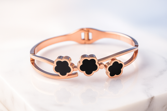 Rose Gold Clover Charm Kada – Triple Black Clover Design