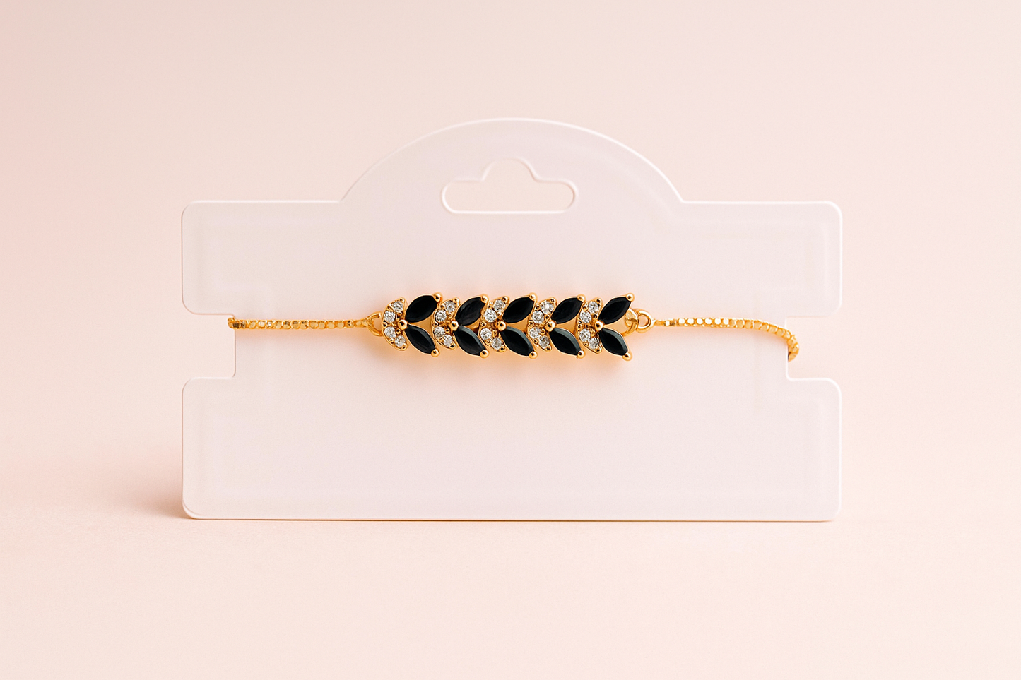Stylish Gold-Plated Bracelet with Black Leaf & Crystal Detailing