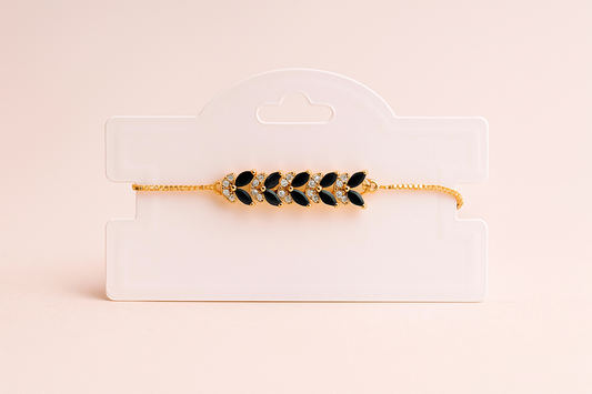 Stylish Gold-Plated Bracelet with Black Leaf & Crystal Detailing