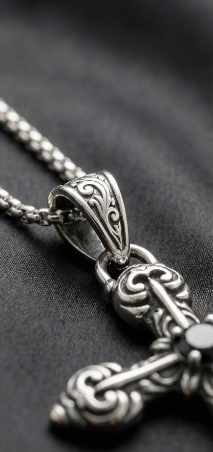 Premium Silver Cross Pendant  with Black Stone