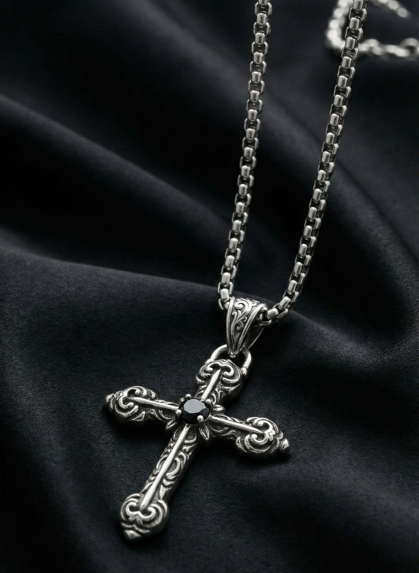 Premium Silver Cross Pendant  with Black Stone