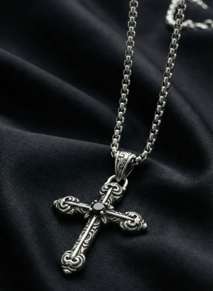 Premium Silver Cross Pendant  with Black Stone