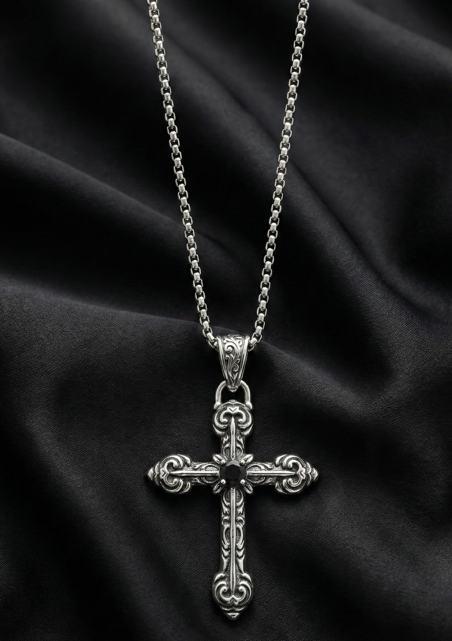 Premium Silver Cross Pendant  with Black Stone