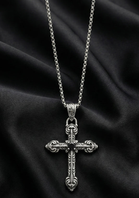 Premium Silver Cross Pendant  with Black Stone