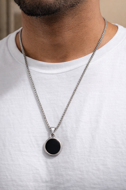 Premium Stainless Steel Black Round Pendant Necklace for Men