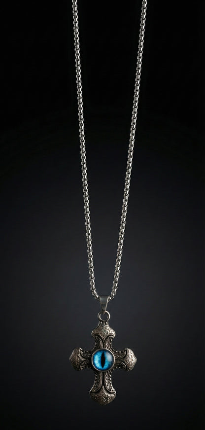 Premium Silver Cross Pendant with Blue Evil Eye Stone