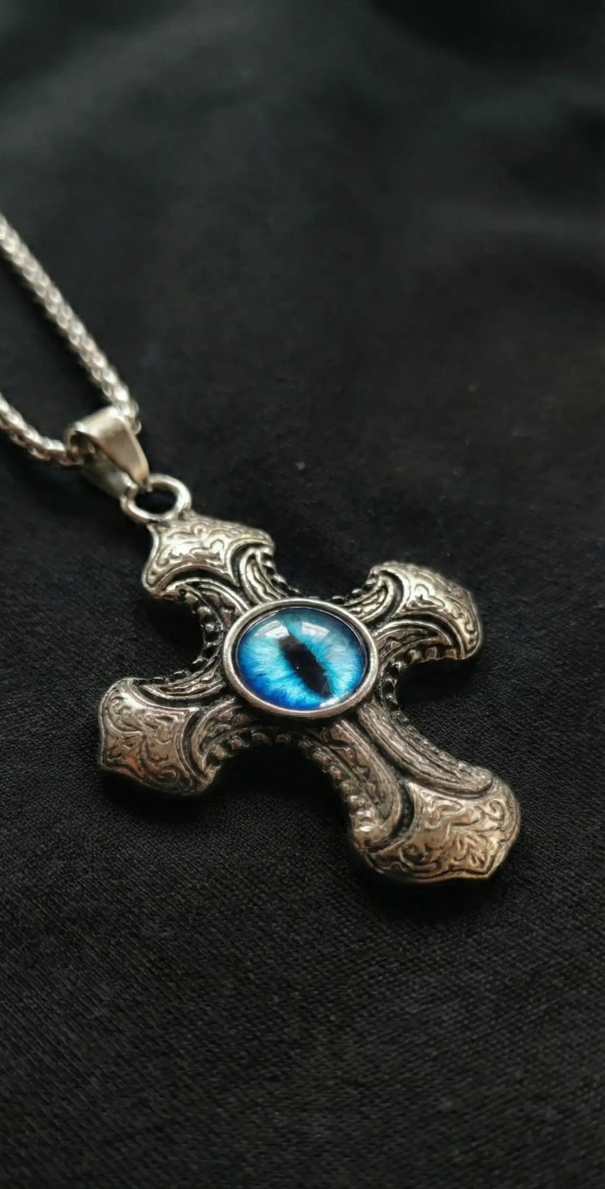 Silver Cross Pendant with Blue Evil Eye Stone