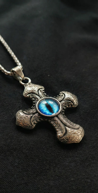 Premium Silver Cross Pendant with Blue Evil Eye Stone