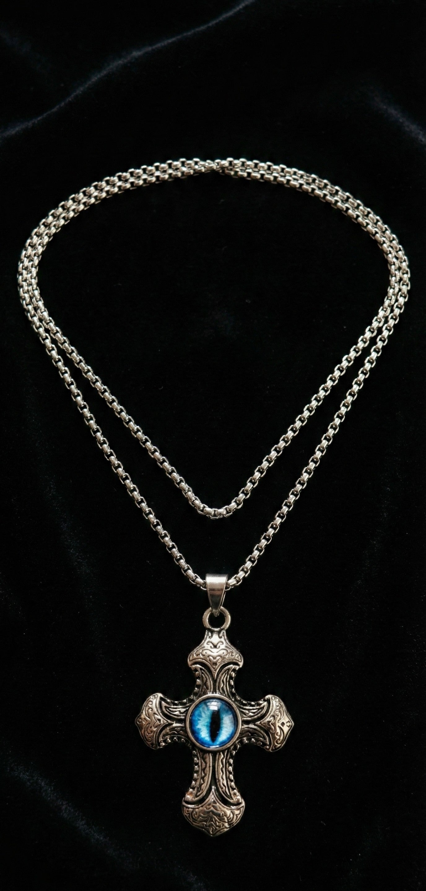 Premium Silver Cross Pendant with Blue Evil Eye Stone