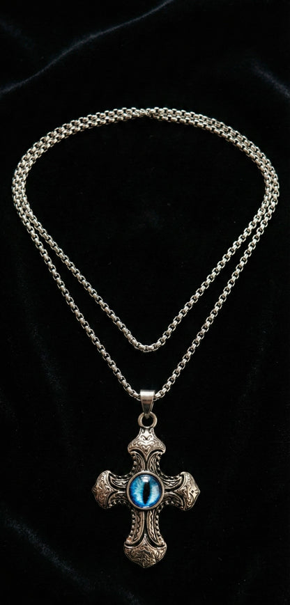 Premium Silver Cross Pendant with Blue Evil Eye Stone