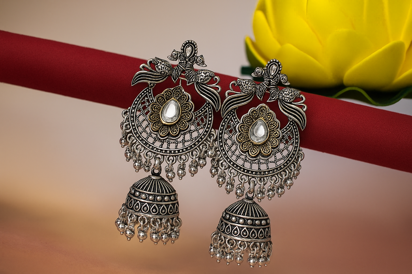 Antique  Silver & Gold-Tone Floral Jhumka Earrings
