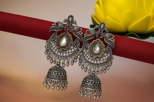 Antique  Silver & Gold-Tone Floral Jhumka Earrings