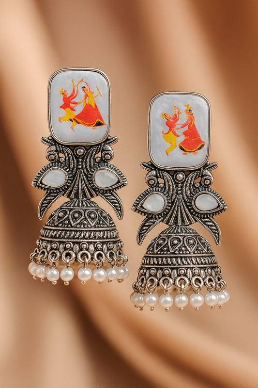 Silver Garba-Themed Jhumka Earrings with Pearl Drops