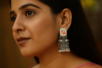 Silver Garba-Themed Jhumka Earrings with Pearl Drops