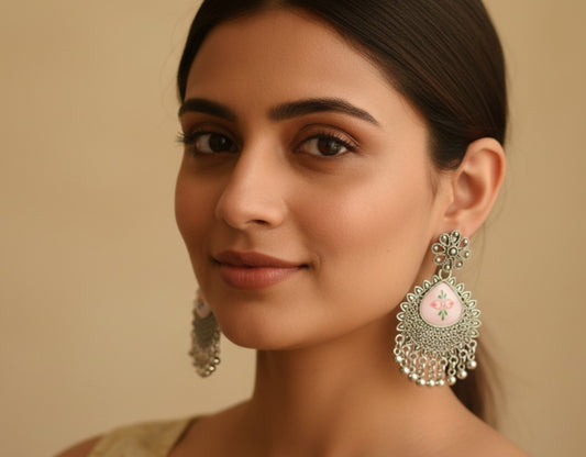 Pink Meenakari Oxidized Silver-Look Floral Earrings