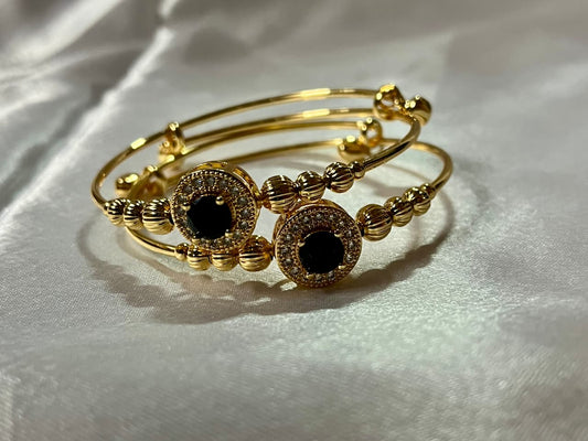 Dual Gold-Plated Bangles with Black Stone & Crystal Halo