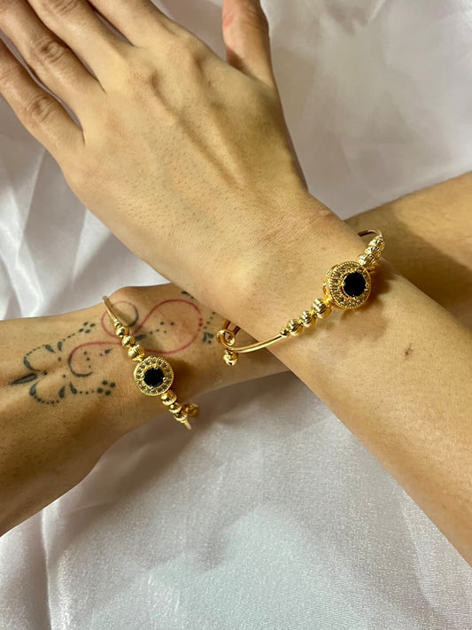 Dual Gold-Plated Bangles with Black Stone & Crystal Halo