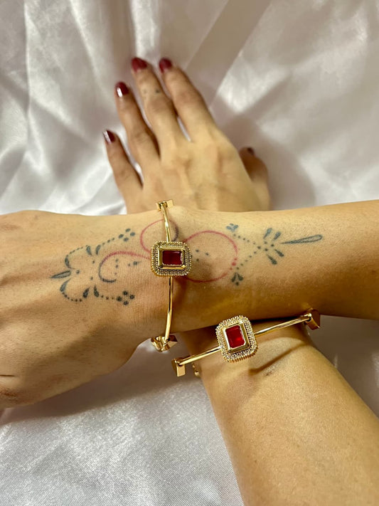 Gold-Plated Bangles with Red Square Stone Charm