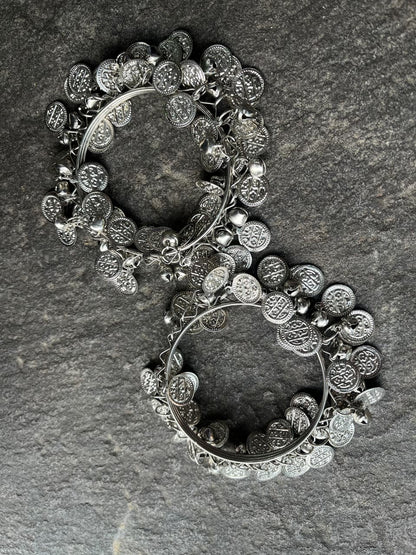 Elegant Oxidized Silver Coin Bangles-Pair