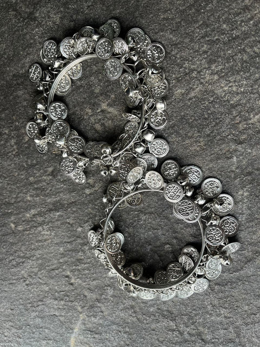 Elegant Oxidized Silver Coin Bangles-Pair