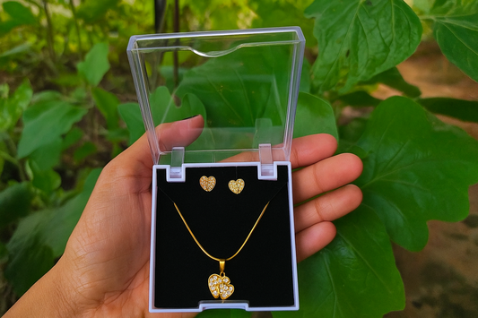Golden Heart Charm Pendant with Matching Earrings | Elegant Jewellery Set