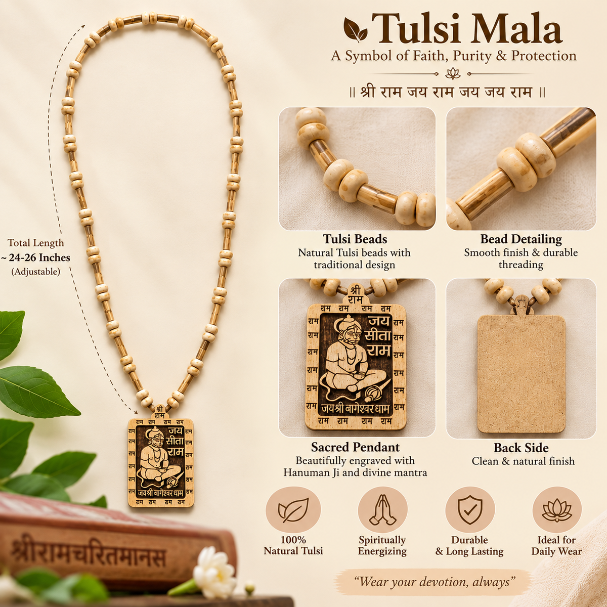 Shri Ram Hanuman Tulsi mala laid flat showing full length