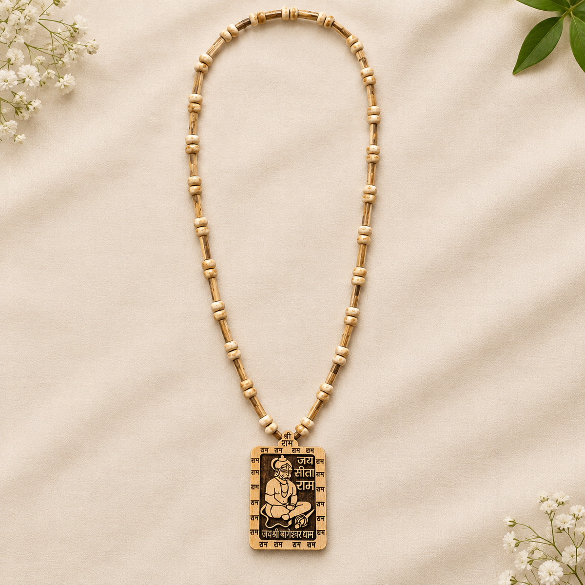 Shri Ram Hanuman Tulsi mala held in hand showing bead detail
