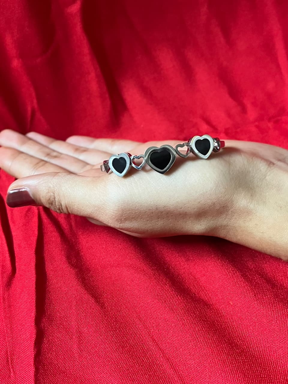 Elegant Silver Kada with Triple Black Heart Charm