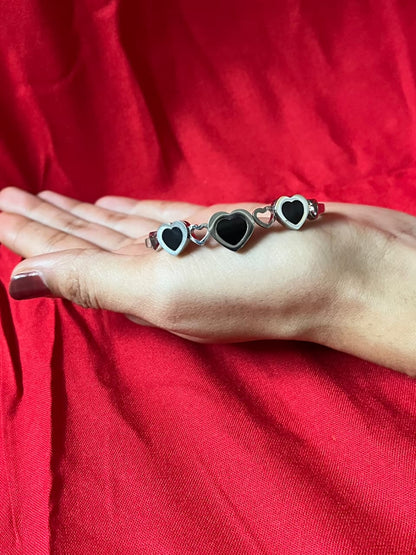 Elegant Silver Kada with Triple Black Heart Charm